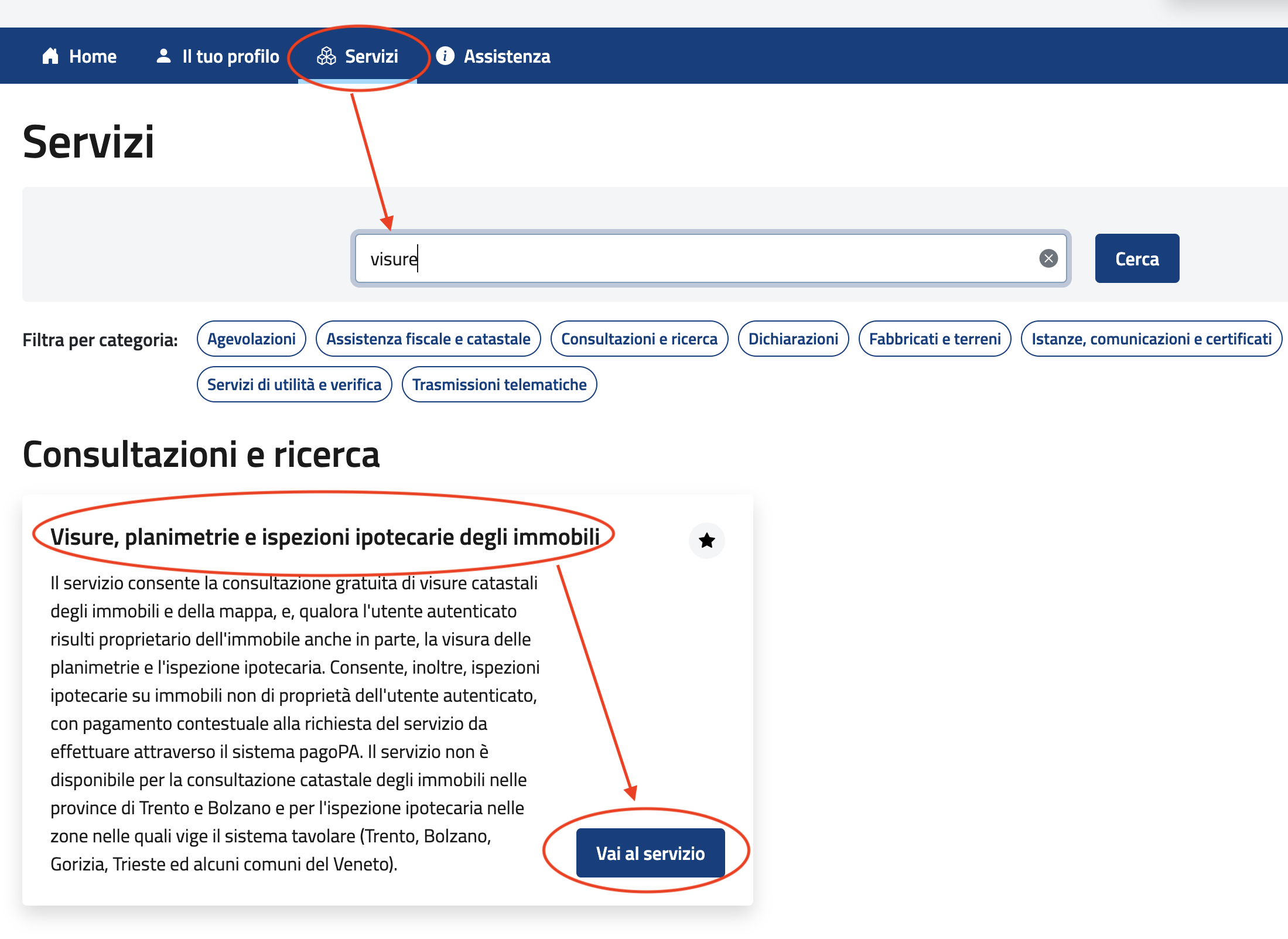 La sezione Visure catastali nel cruscotto