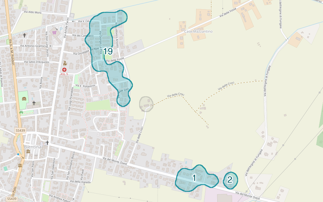 Mappa delle compravendite a Case Mazzantino, raggruppate in aree disegnate attorno alle vendite, con il conteggio di ogni area