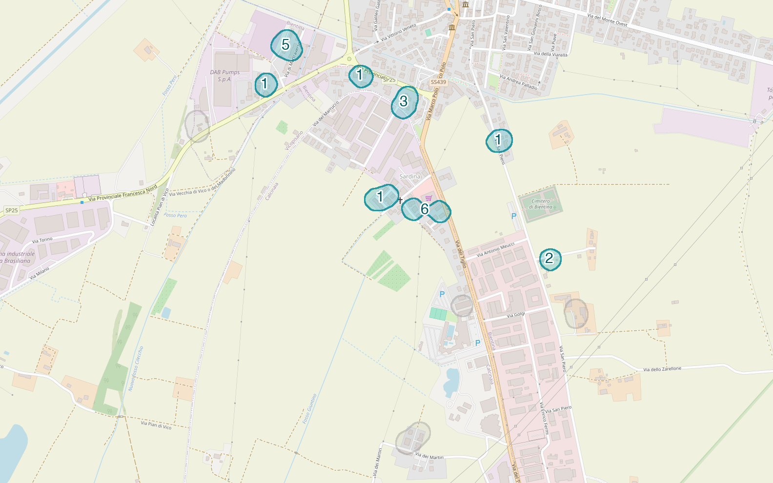 Mappa delle compravendite a Sardina, raggruppate in aree disegnate attorno alle vendite, con il conteggio di ogni area