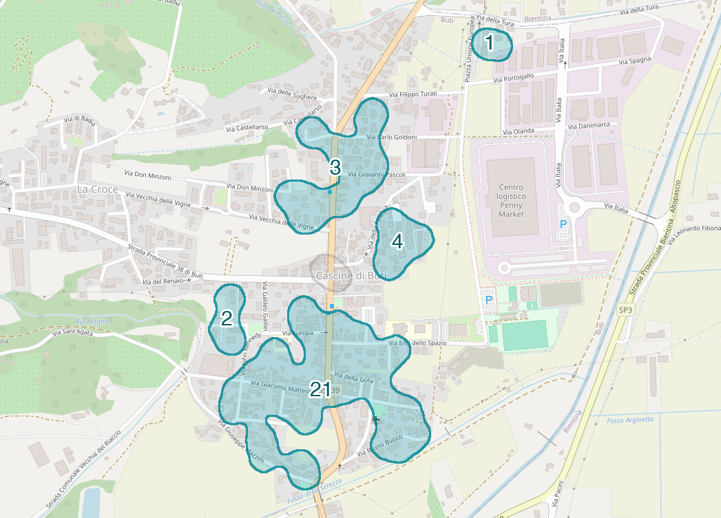 Mappa delle compravendite a Cascine di Buti, raggruppate in aree disegnate attorno alle vendite, con il conteggio di ogni area