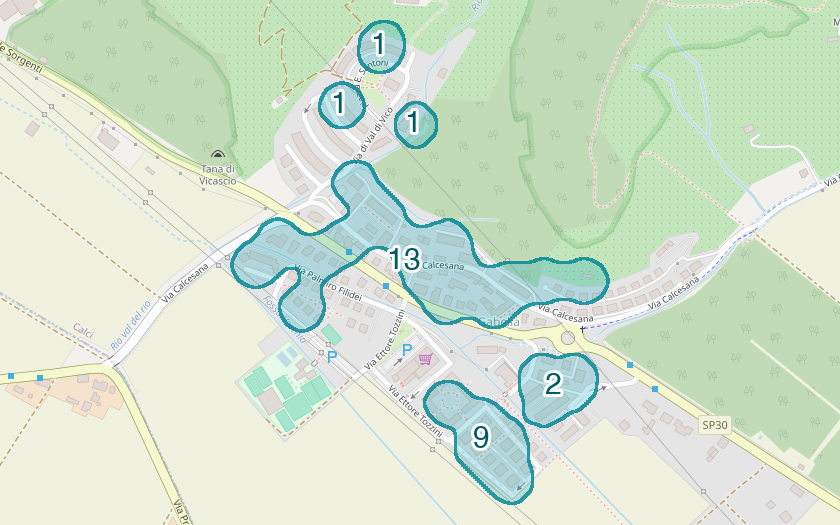 Mappa delle compravendite a Gabella, raggruppate in aree disegnate attorno alle vendite, con il conteggio di ogni area