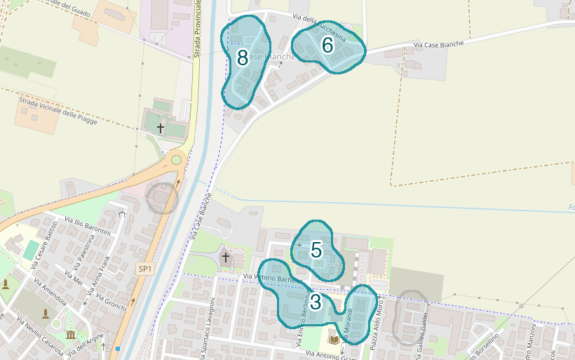 Mappa delle compravendite a Case Bianche, raggruppate in aree disegnate attorno alle vendite, con il conteggio di ogni area