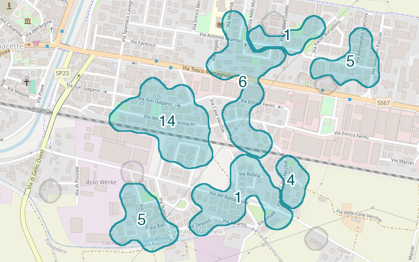 Mappa delle compravendite a Contrada Martinelli, raggruppate in aree disegnate attorno alle vendite, con il conteggio di ogni area