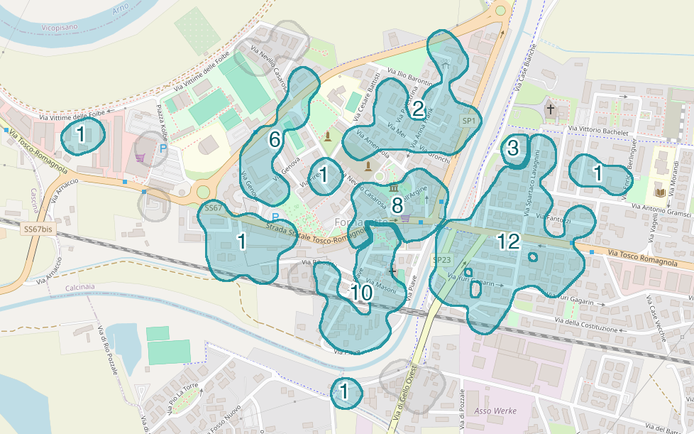 Mappa delle compravendite a Fornacette, raggruppate in aree disegnate attorno alle vendite, con il conteggio di ogni area