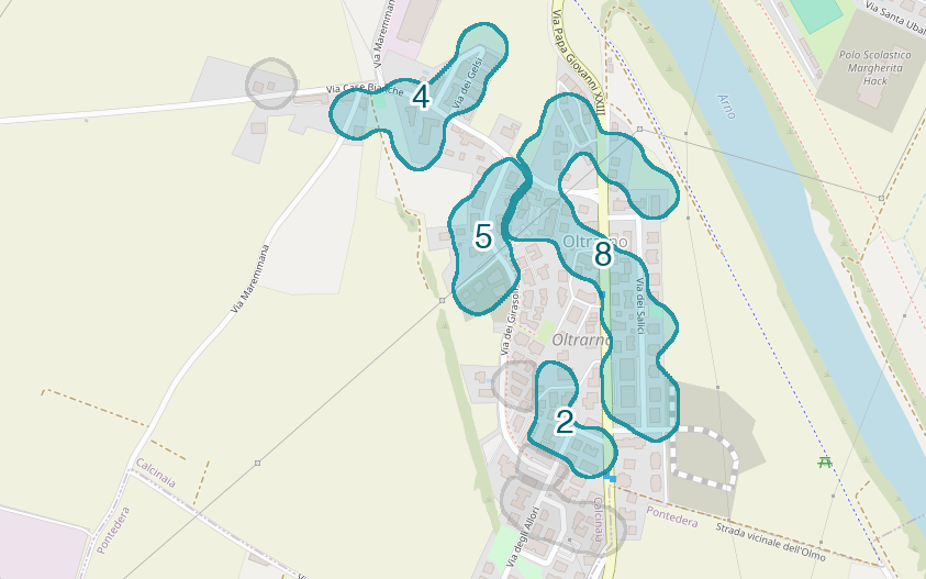 Mappa delle compravendite a Oltrarno, raggruppate in aree disegnate attorno alle vendite, con il conteggio di ogni area