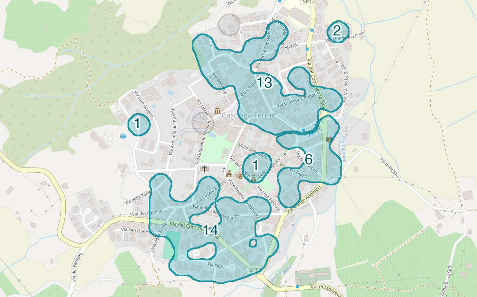Mappa delle compravendite a Casciana Terme, raggruppate in aree disegnate attorno alle vendite, con il conteggio di ogni area