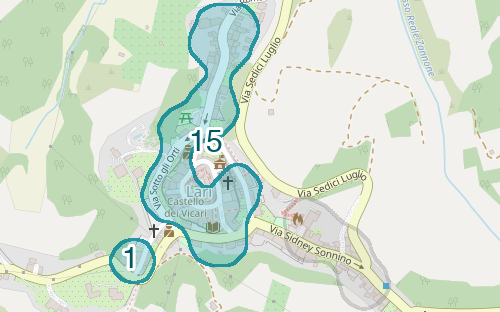 Mappa delle compravendite a Lari, raggruppate in aree disegnate attorno alle vendite, con il conteggio di ogni area