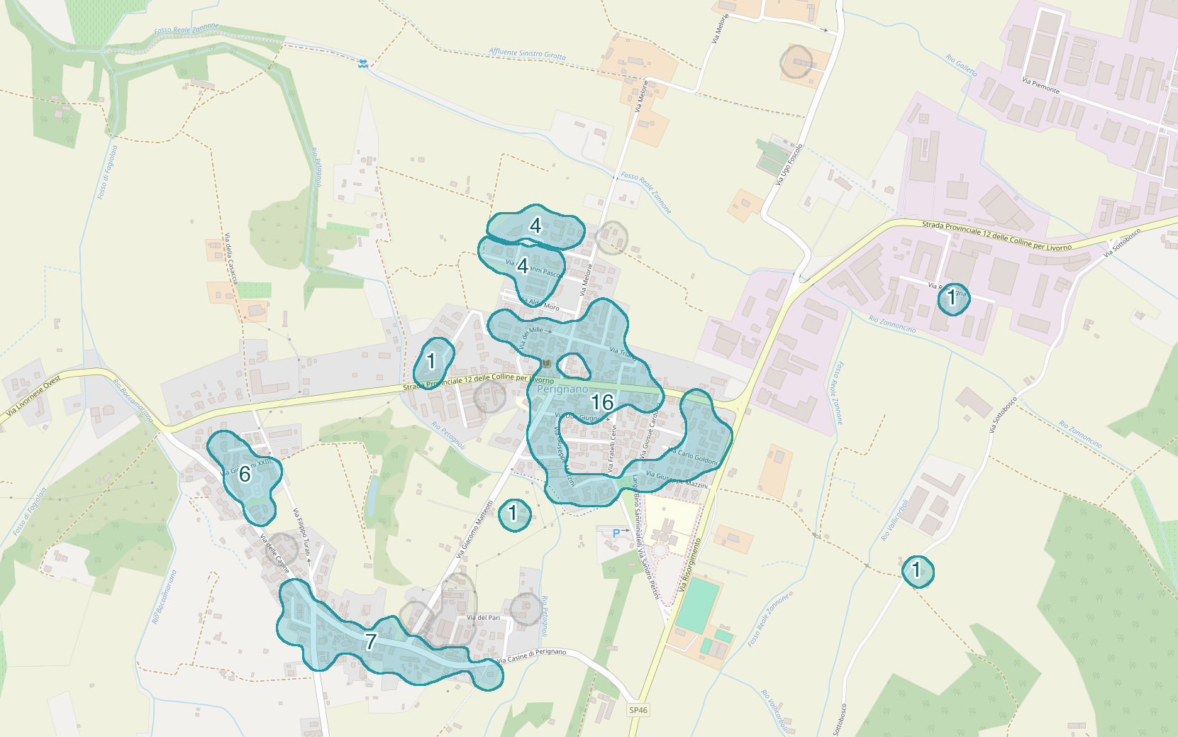 Mappa delle compravendite a Perignano, raggruppate in aree disegnate attorno alle vendite, con il conteggio di ogni area