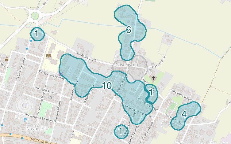 Mappa delle compravendite a Casciavola, raggruppate in aree disegnate attorno alle vendite, con il conteggio di ogni area
