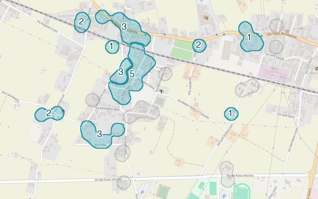 Mappa delle compravendite a Marciana, raggruppate in aree disegnate attorno alle vendite, con il conteggio di ogni area