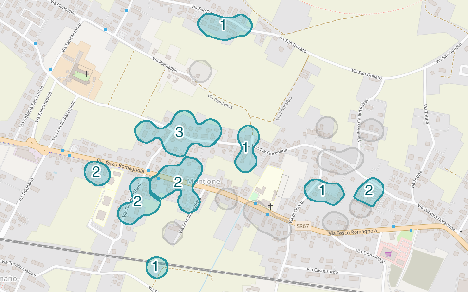 Mappa delle compravendite a Montione, raggruppate in aree disegnate attorno alle vendite, con il conteggio di ogni area