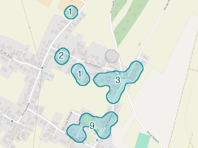 Mappa delle compravendite a Musigliano, raggruppate in aree disegnate attorno alle vendite, con il conteggio di ogni area