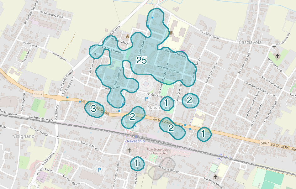 Mappa delle compravendite a Navacchio, raggruppate in aree disegnate attorno alle vendite, con il conteggio di ogni area
