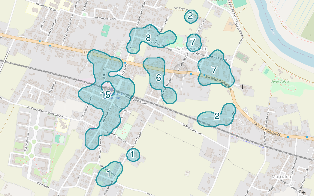 Mappa delle compravendite a San Benedetto, raggruppate in aree disegnate attorno alle vendite, con il conteggio di ogni area