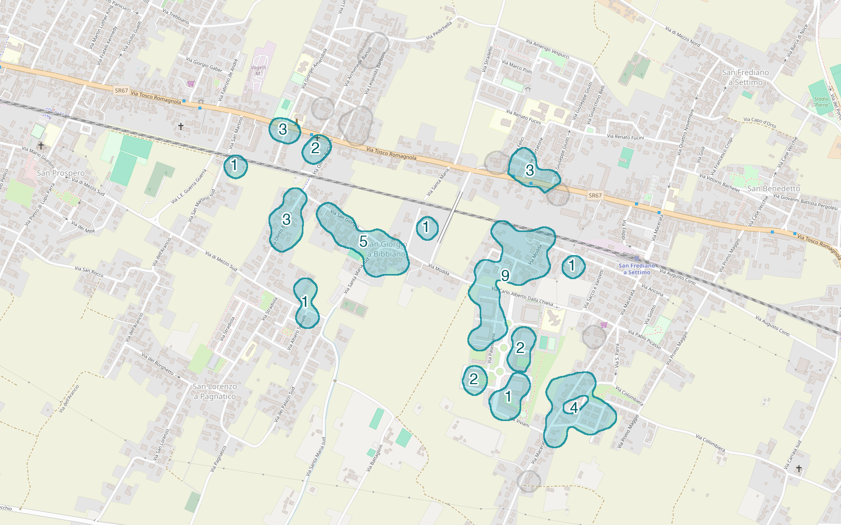 Mappa delle compravendite a San Giorgio a Bibbiano, raggruppate in aree disegnate attorno alle vendite, con il conteggio di ogni area