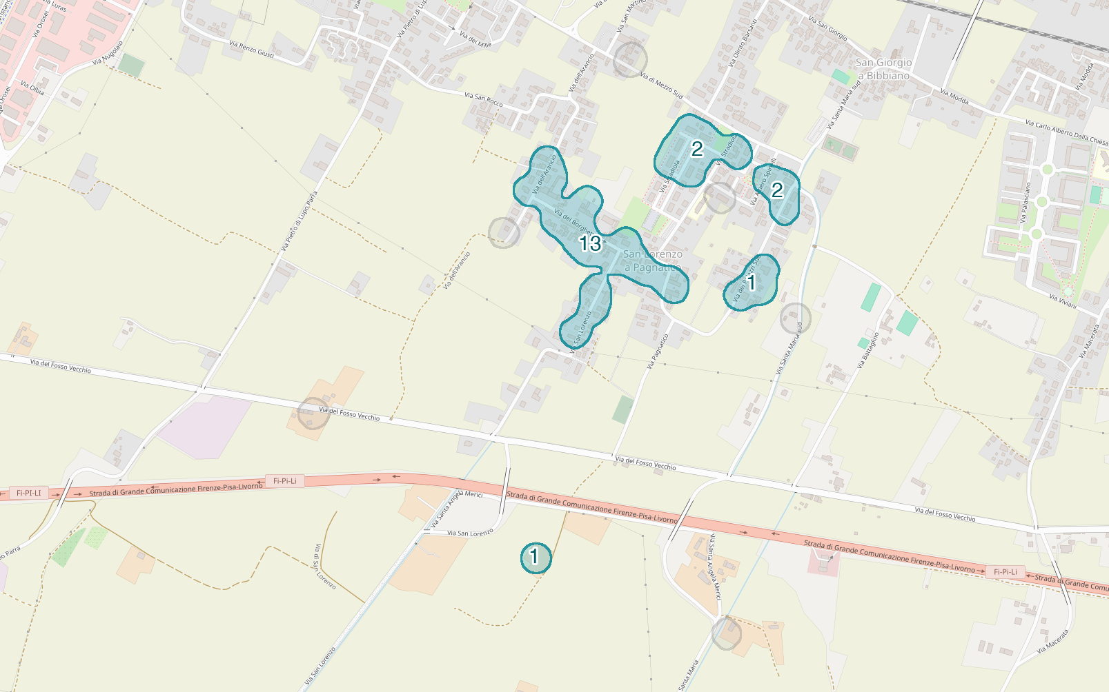 Mappa delle compravendite a San Lorenzo a Pagnatico, raggruppate in aree disegnate attorno alle vendite, con il conteggio di ogni area