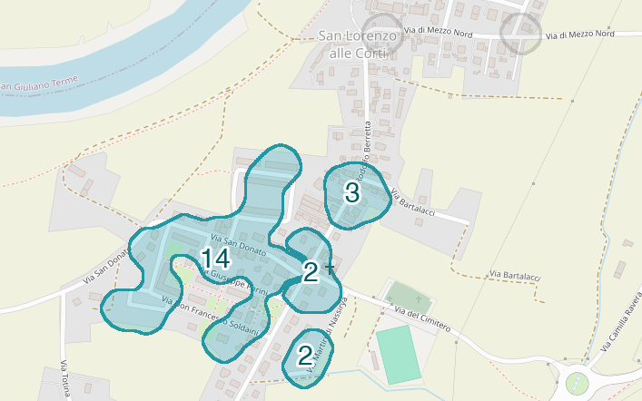 Mappa delle compravendite a San Lorenzo alle Corti, raggruppate in aree disegnate attorno alle vendite, con il conteggio di ogni area