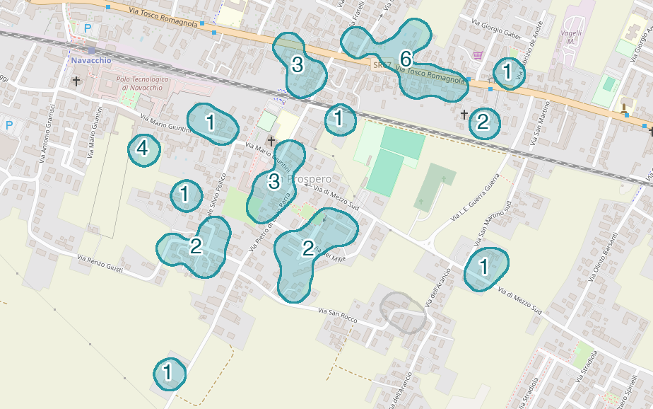 Mappa delle compravendite a San Prospero, raggruppate in aree disegnate attorno alle vendite, con il conteggio di ogni area