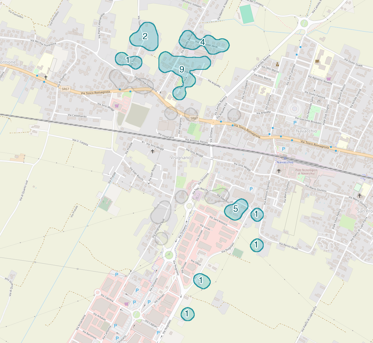 Mappa delle compravendite a Visignano, raggruppate in aree disegnate attorno alle vendite, con il conteggio di ogni area