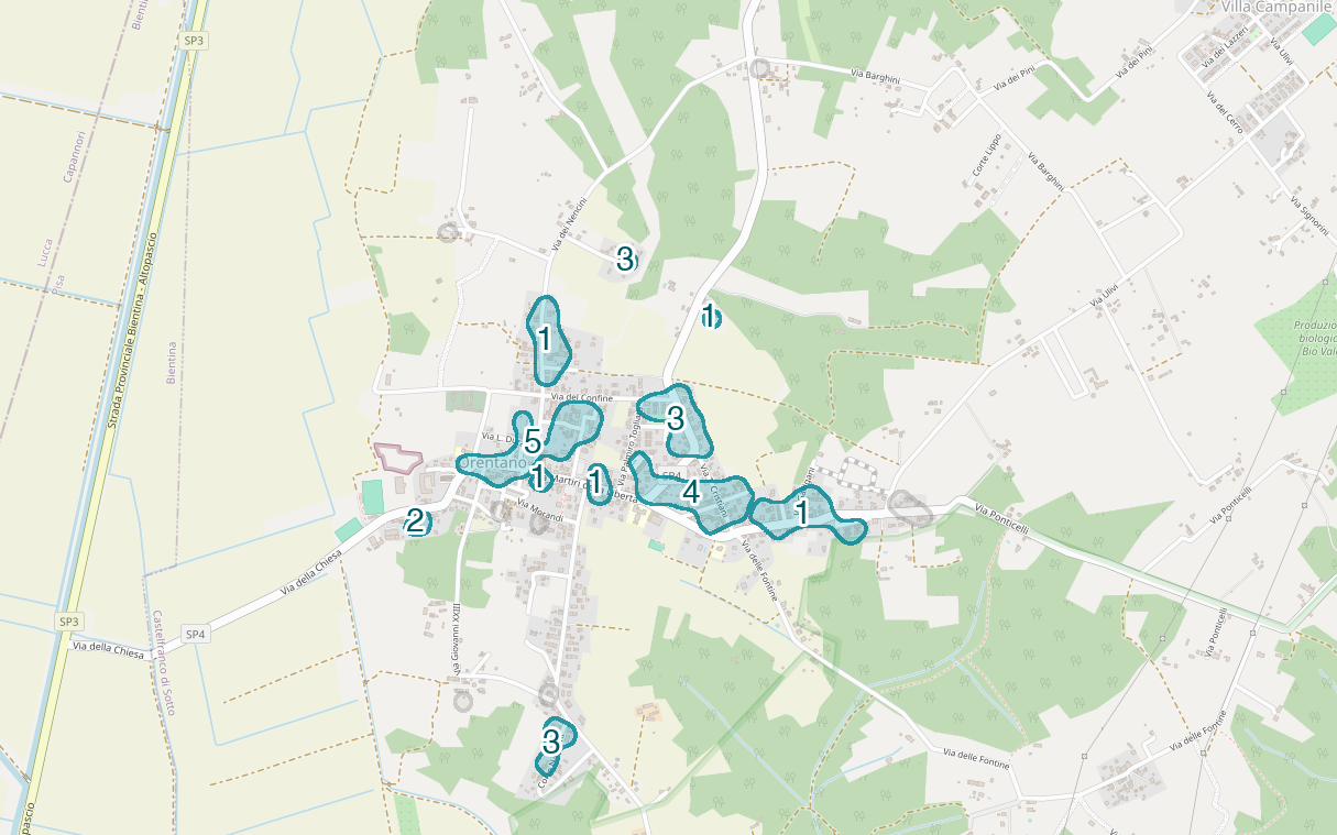 Mappa delle compravendite a Orentano, raggruppate in aree disegnate attorno alle vendite, con il conteggio di ogni area