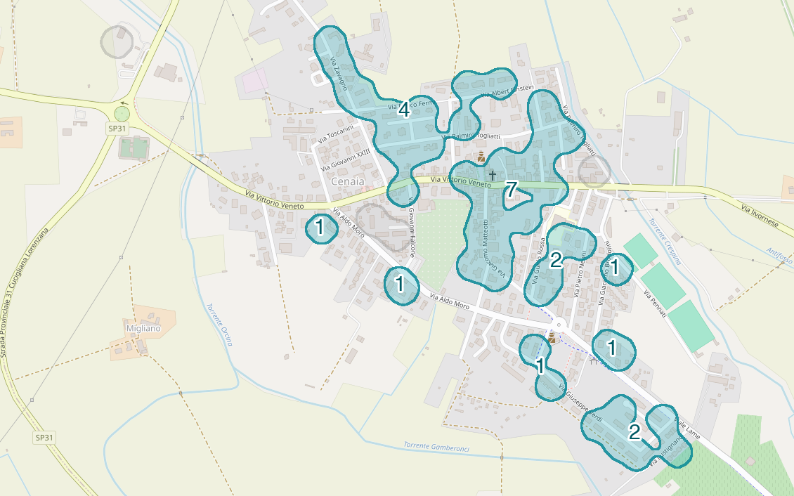 Mappa delle compravendite a Cenaia, raggruppate in aree disegnate attorno alle vendite, con il conteggio di ogni area