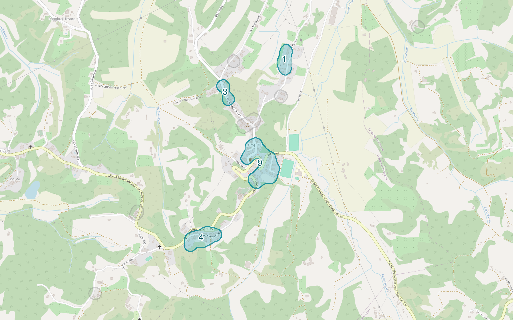 Mappa delle compravendite a Crespina, raggruppate in aree disegnate attorno alle vendite, con il conteggio di ogni area