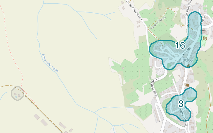 Mappa delle compravendite a Lajatico, raggruppate in aree disegnate attorno alle vendite, con il conteggio di ogni area