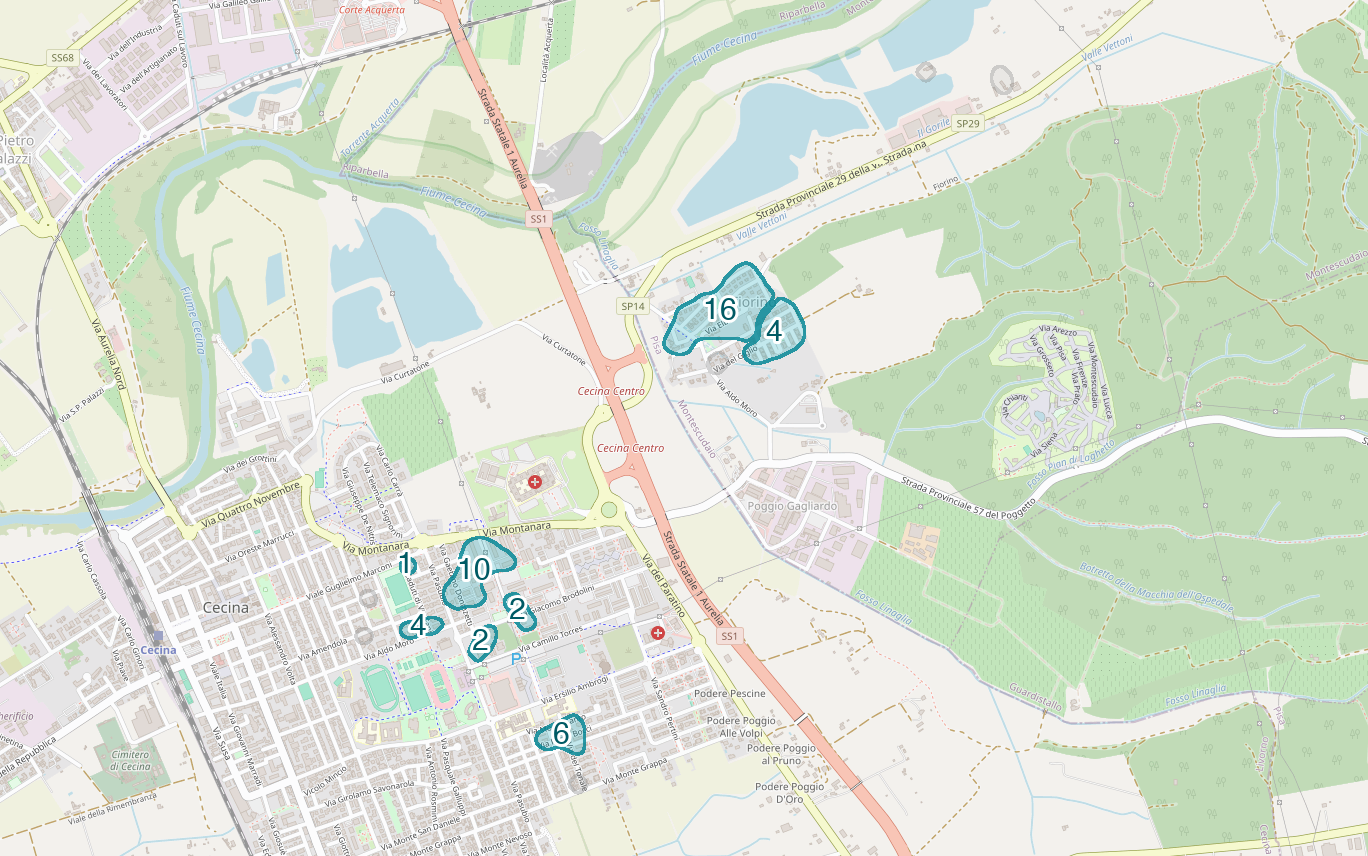 Mappa delle compravendite a Fiorino, raggruppate in aree disegnate attorno alle vendite, con il conteggio di ogni area