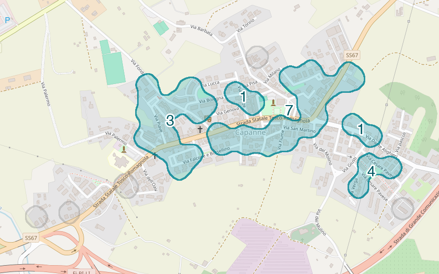 Mappa delle compravendite a Capanne, raggruppate in aree disegnate attorno alle vendite, con il conteggio di ogni area