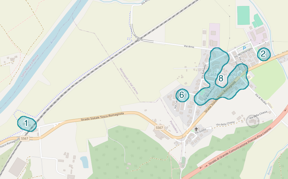 Mappa delle compravendite a Castel del Bosco, raggruppate in aree disegnate attorno alle vendite, con il conteggio di ogni area
