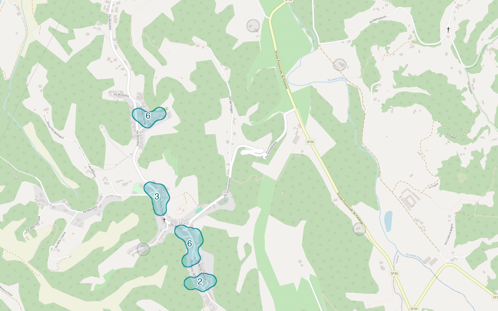 Mappa delle compravendite a Marti, raggruppate in aree disegnate attorno alle vendite, con il conteggio di ogni area