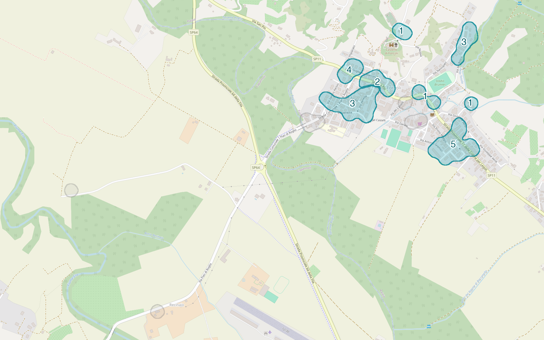 Mappa delle compravendite a Forcoli, raggruppate in aree disegnate attorno alle vendite, con il conteggio di ogni area