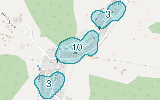 Mappa delle compravendite a Montefoscoli, raggruppate in aree disegnate attorno alle vendite, con il conteggio di ogni area