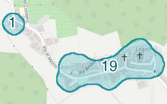 Mappa delle compravendite a Legoli, raggruppate in aree disegnate attorno alle vendite, con il conteggio di ogni area