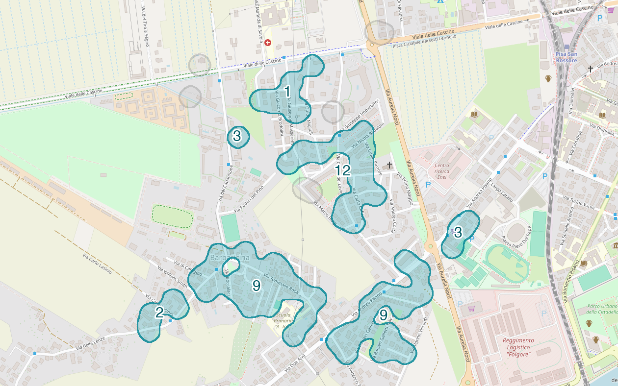 Mappa delle compravendite a Barbaricina, raggruppate in aree disegnate attorno alle vendite, con il conteggio di ogni area