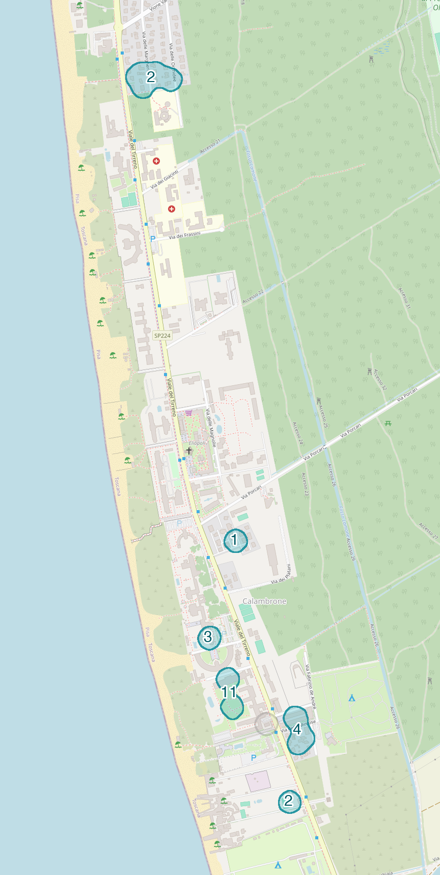 Mappa delle compravendite a Calambrone, raggruppate in aree disegnate attorno alle vendite, con il conteggio di ogni area