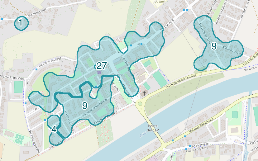 Mappa delle compravendite a CEP, raggruppate in aree disegnate attorno alle vendite, con il conteggio di ogni area