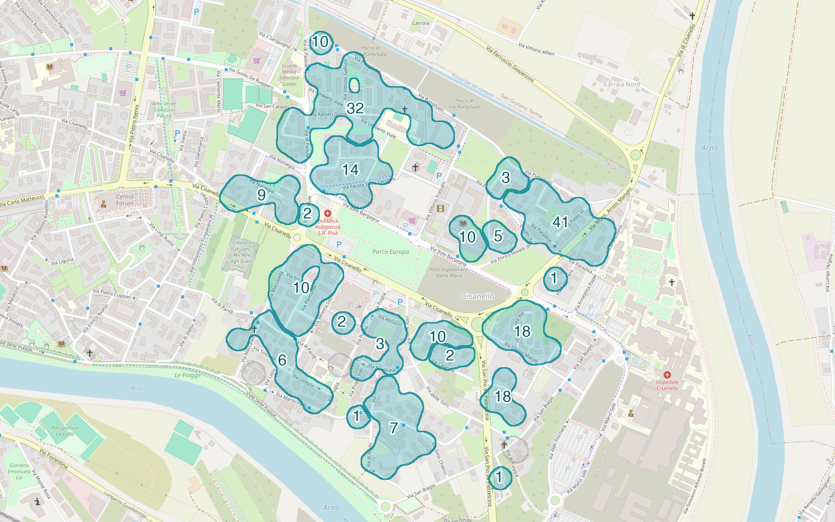 Mappa delle compravendite a Cisanello, raggruppate in aree disegnate attorno alle vendite, con il conteggio di ogni area