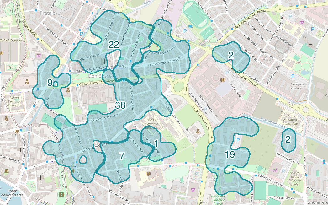 Mappa delle compravendite a Don Bosco, raggruppate in aree disegnate attorno alle vendite, con il conteggio di ogni area