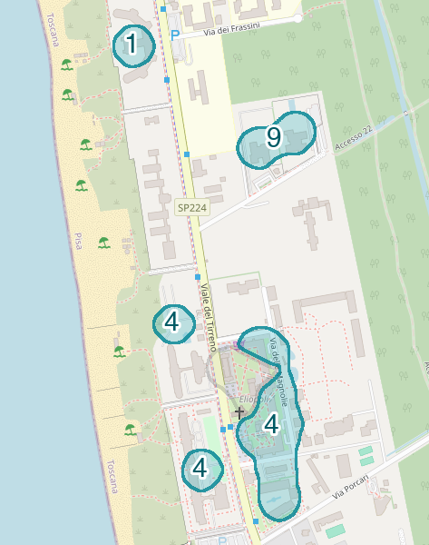 Mappa delle compravendite a Eliopoli, raggruppate in aree disegnate attorno alle vendite, con il conteggio di ogni area