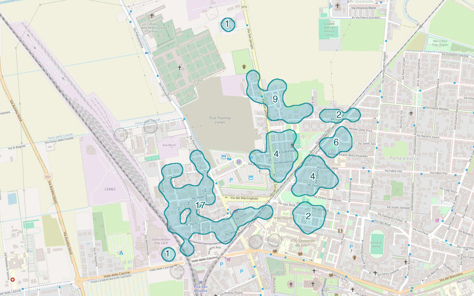 Mappa delle compravendite a Gagno, raggruppate in aree disegnate attorno alle vendite, con il conteggio di ogni area