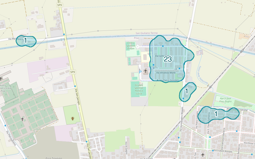 Mappa delle compravendite a I Passi, raggruppate in aree disegnate attorno alle vendite, con il conteggio di ogni area