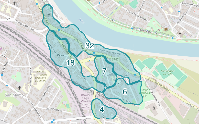 Mappa delle compravendite a La Cella, raggruppate in aree disegnate attorno alle vendite, con il conteggio di ogni area