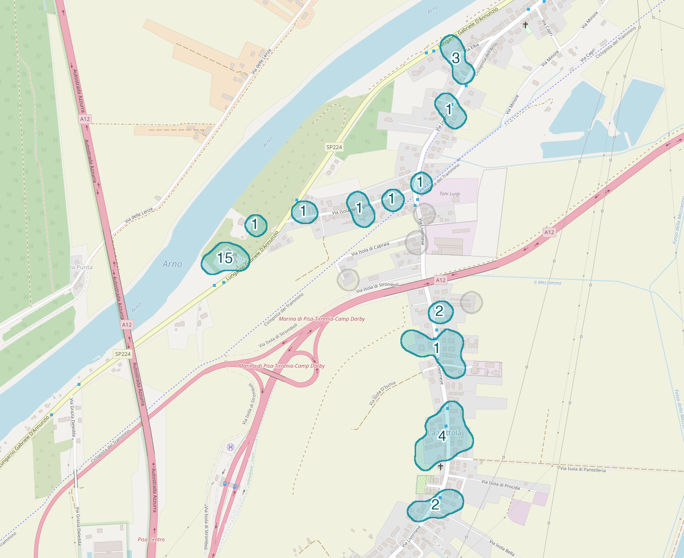 Mappa delle compravendite a La Vettola, raggruppate in aree disegnate attorno alle vendite, con il conteggio di ogni area