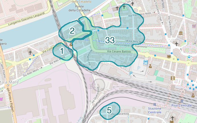 Mappa delle compravendite a Magistratura di Sant'Antonio, raggruppate in aree disegnate attorno alle vendite, con il conteggio di ogni area