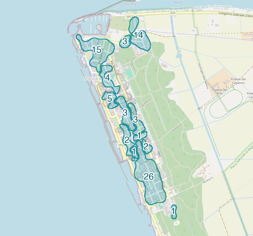 Mappa delle compravendite a Marina di Pisa, raggruppate in aree disegnate attorno alle vendite, con il conteggio di ogni area