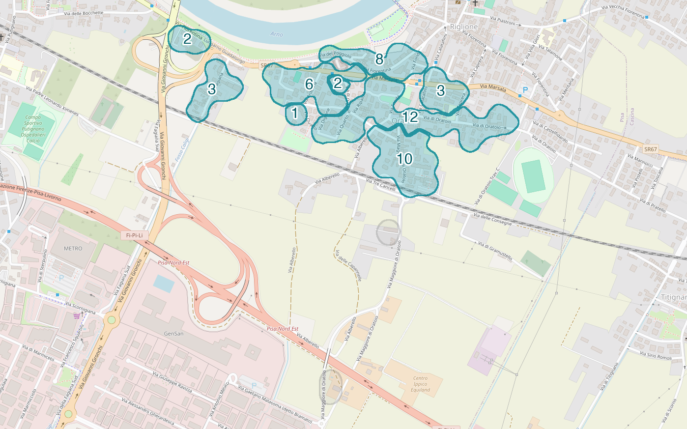 Mappa delle compravendite a Oratoio, raggruppate in aree disegnate attorno alle vendite, con il conteggio di ogni area