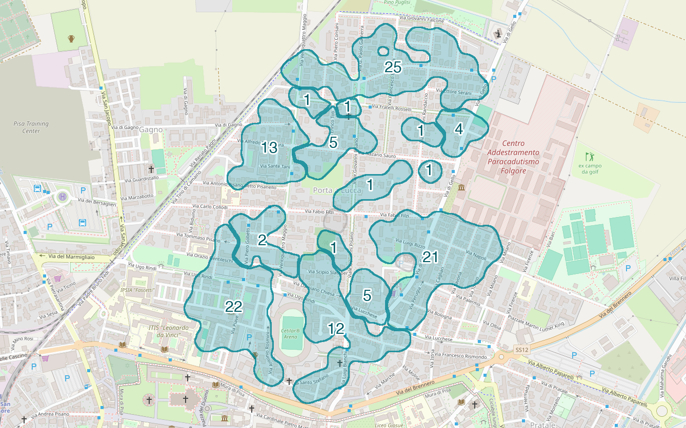 Mappa delle compravendite a Porta a Lucca, raggruppate in aree disegnate attorno alle vendite, con il conteggio di ogni area
