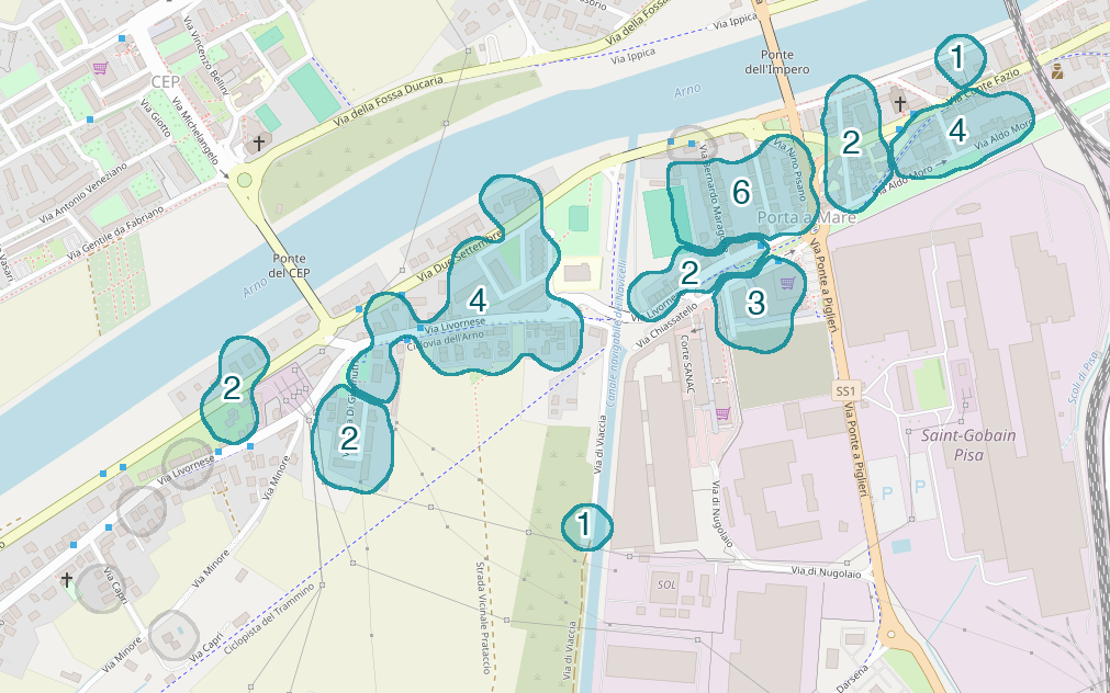 Mappa delle compravendite a Porta a Mare, raggruppate in aree disegnate attorno alle vendite, con il conteggio di ogni area