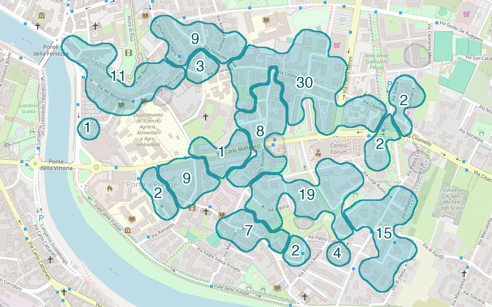 Mappa delle compravendite a Porta a Piagge, raggruppate in aree disegnate attorno alle vendite, con il conteggio di ogni area